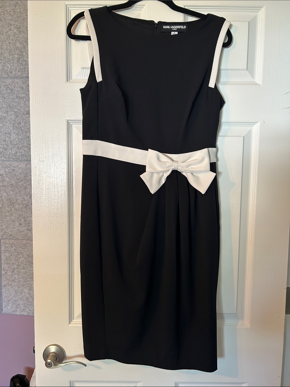 Karl Lagerfeld Black and White Midi Sheath Dress with Bow